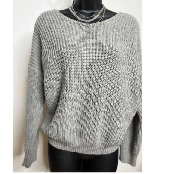 Guess Women Pullover Open Back Knit Sweater Scoop Neck Long Sleeve Size S Gray - Picture 1 of 3